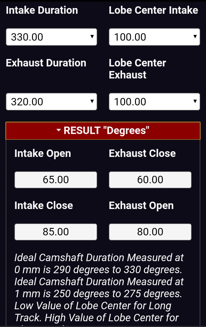 Ideal Four 4 Stroke Camshaft Duration Calculator